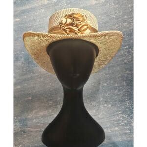 🌟 Structured Straw Hat with Gold Ribbon Band & Floral Accent